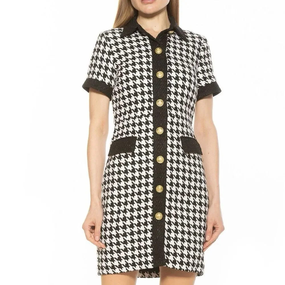 NWT Alexia Admor “Jenni” Tweed Shirtdress black/white houndstooth. Size 10 - Picture 3 of 15